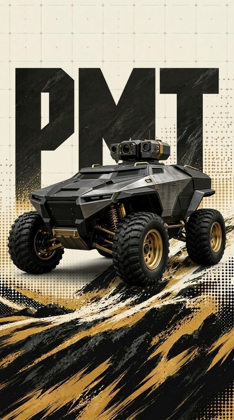 Çelebi RoboLig için altın ve siyah insansız kara aracı konsept posteri